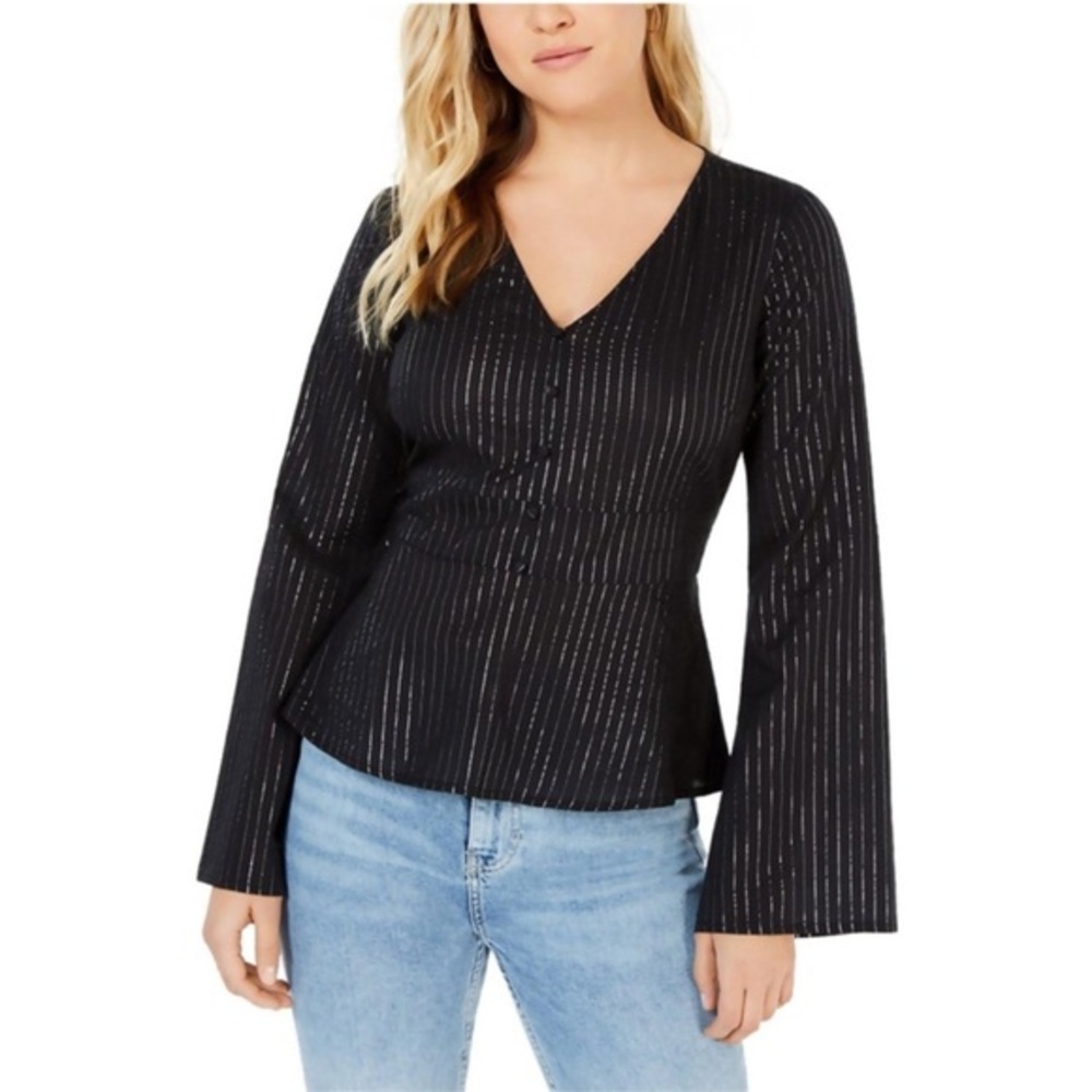 Love, Fire Black and Silver Striped Women's Peplum, Bell Sleeve Top NWT XL Macys